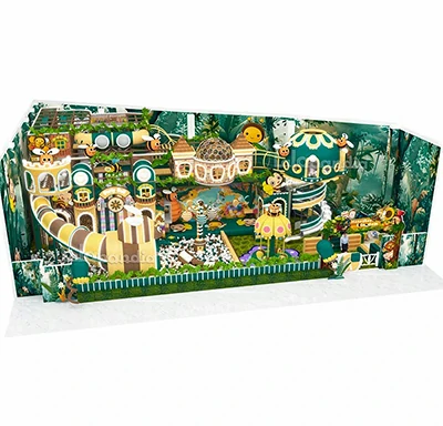 Jungle-themed indoor playground with jungle gym climbing structures, slides, trampoline zone, and rope bridges for kids