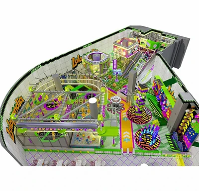 Colorful multi-level indoor play structures with slides and climbing equipment in a commercial kids playground